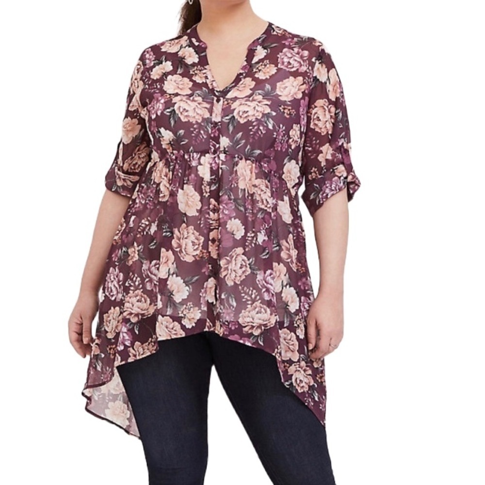 Torrid Chiffon Tunic Top Floral Burgundy Hi Lo 3/4 Roll Tab Sleeve Size 2X